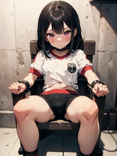 1 girl, (blushing, terrified), tied to a chair, straped to chair, (short sleeve, mini-shorts,  gym uniform), (inside basement, underground), (wrist cuffs, ankle cuffs, wrists tied, ankles tied), perfect body, detailed face, detailed eyes, full body, image ...