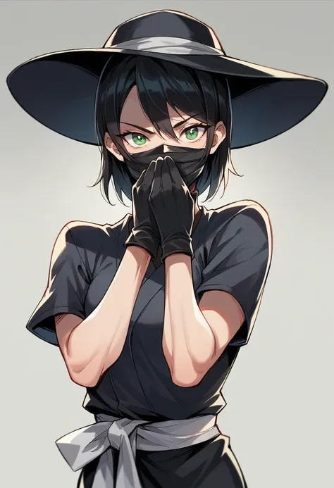 1 girl, black hair long, bangss, black samurai hat, aurea verde neon, neon green eyes, mask covering the mouth and nose, black leagwear 