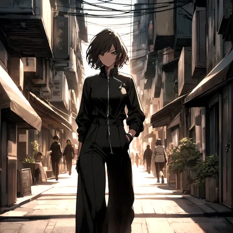 A female character in Tsukasa Hojo style, wearing a sleek black jumpsuit with a silver zipper detail, paired with stylish white sneakers. The character is walking confidently down a city street, with a cool and collected attitude.