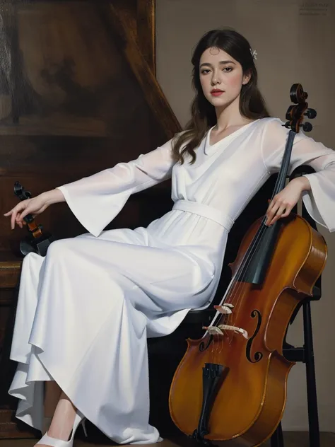 Full body standing painting，(Drawing of girl playing cello), white dresseandy Jürgens (Mandy Jurgens) Realistic paintings created, Perverted, arte figurativa, Detailed depiction of the, realistically, An artwork of