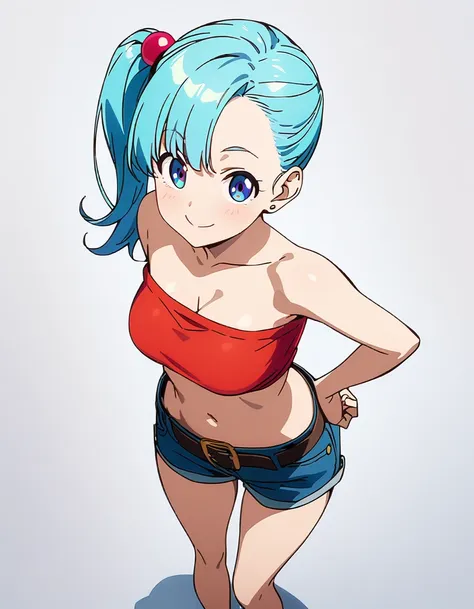 score_9, score_8_up, score_7_up, BREAK from above:1,straight-on,(standing),arms behing back,1girl,bulma, blue eyes, blue hair,bare shoulders, belt, cleavage, hair bobbles, hair ornament, hair over shoulder,medium breast,midriff, navel, one side up, red tub...