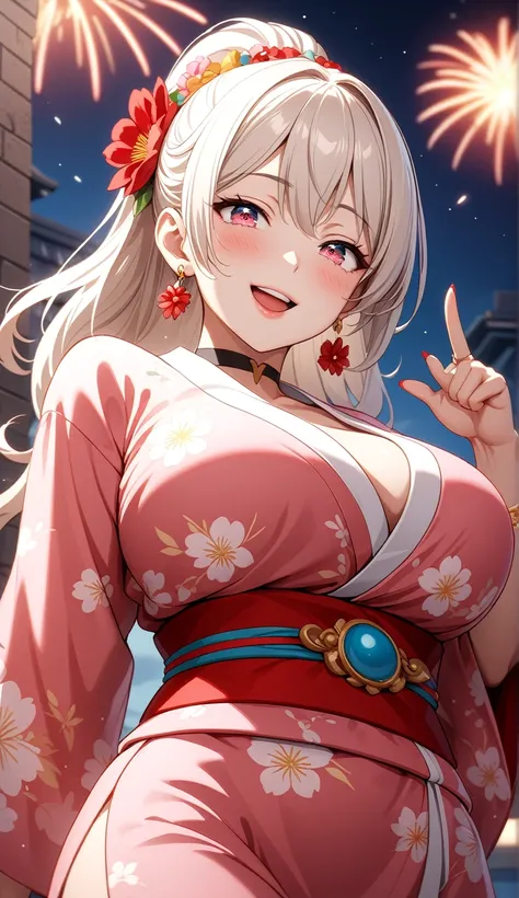 ((one personの女性)), Beautiful Face, head tilt, ((laugh)),((wink:1.7)),((Touch your lips)), Laugh with your mouth wide open,((Bright red cheeks:1.4)),Shiny red lips,night,rooftop,You can see the ocean, firework,Laughing with your mouth open,Glossy pink lips,...