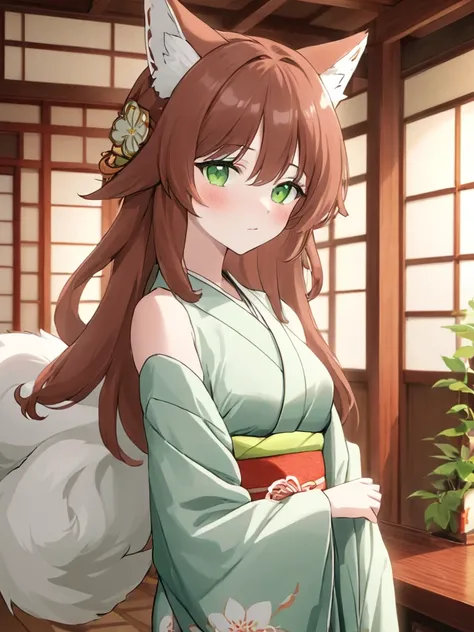 high_quality, 4k, masterpiece, 1girl, solo, shoulder-length graying auburn hair, green eyes, elderly, nine-tailed Kitsune, Kimono dress, light blush, fair-skinned, looking_at_viewer, indoors