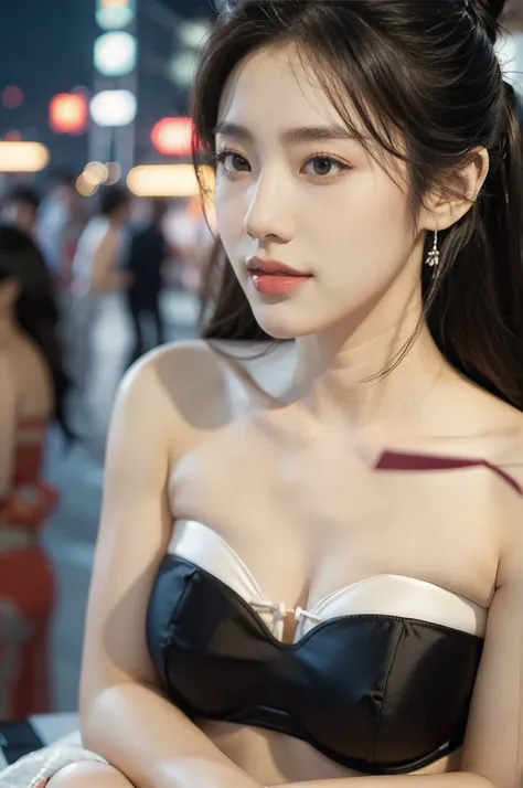 (((best quality))),(((ultra detailed))),(((masterpiece))),illustration,1girl,bun hair,(strapless see through gauze Korean bra:1.3),collar,slim,flat chest,laughing, summer night,Korean city scape, street, neon signs, beautiful, vibrant, detailed facial feat...