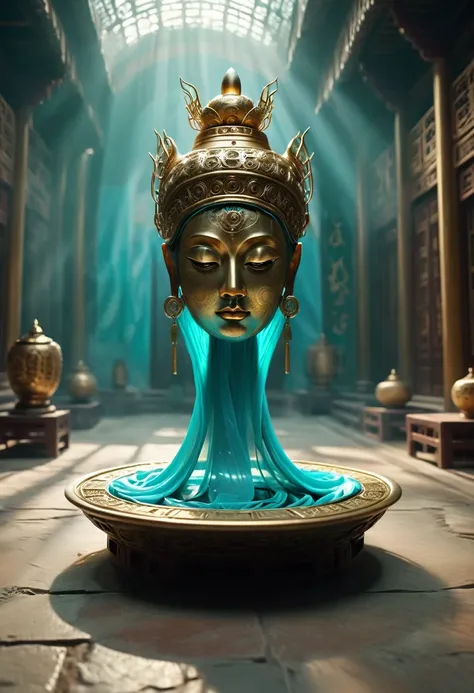 A turquoise lightweight running shoe, suspended on a cultural relic, high definition, 8K,A beautiful photo of a Sanxingdui cultural relic, captured with the essence of time, studio lighting, and post-processing in 8K resolution. The use of Unreal Engine 5 ...