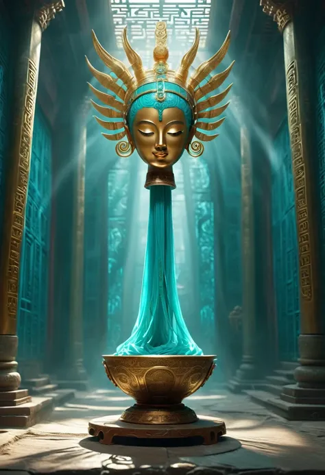 A turquoise lightweight running shoe, suspended on a cultural relic, high definition, 8K,A beautiful photo of a Sanxingdui cultural relic, captured with the essence of time, studio lighting, and post-processing in 8K resolution. The use of Unreal Engine 5 ...