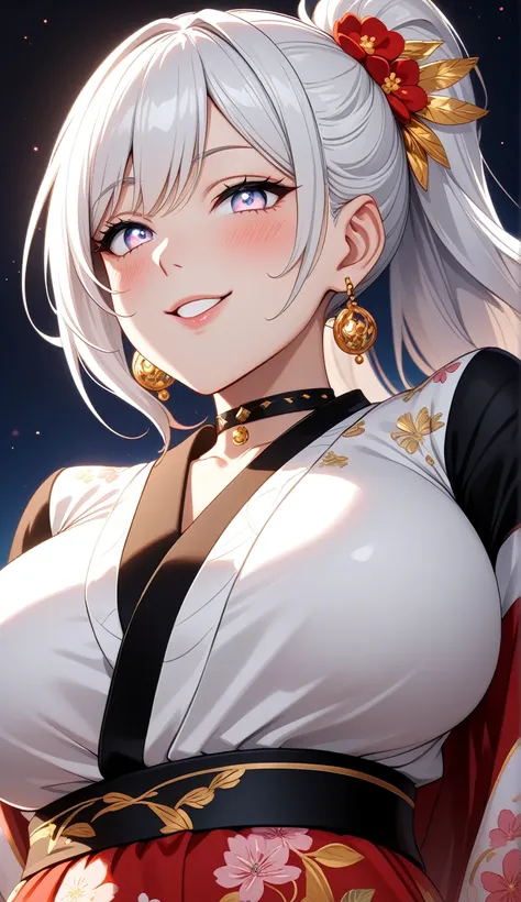 ((One personの女性)), Beautiful Face, head tilt, ((seductive smile)),((Wink:1.9)), Laugh with your mouth wide open,((Bright red cheeks:1.4)),Shiny red lips,night,rooftop,You can see the ocean, firework,Laughing with your mouth open,Glossy pink lips,Facial lig...