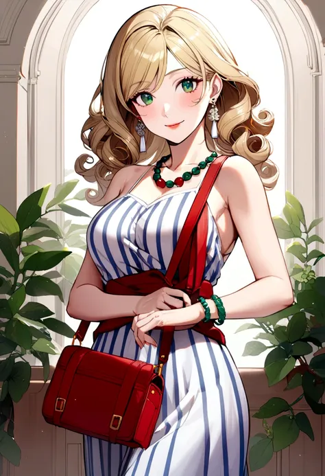 40 year old woman, curly blonde hair to waist, green eyes, blue and white striped spaghetti strap dress, white earrings, red bag, jade bracelet, red bead necklace