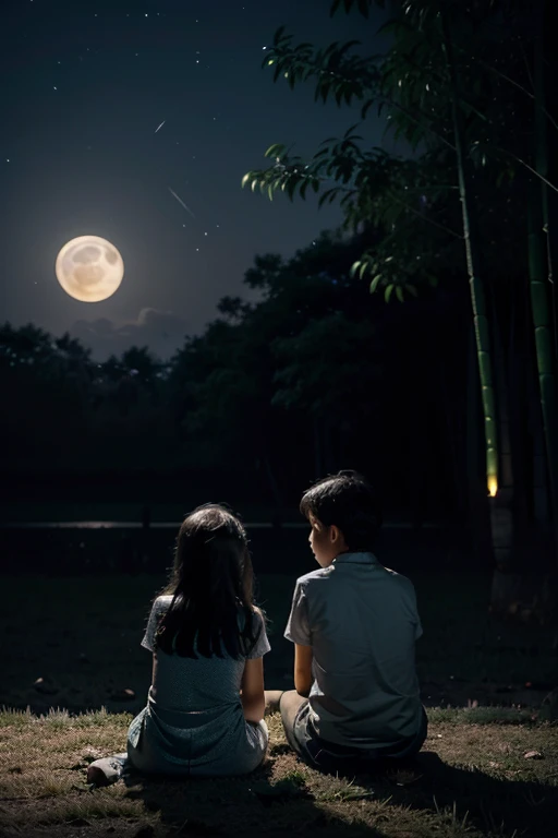 On a quiet night without wind or cloud，The moonlight sprinkled on the ground。On a vacant lot，Two children sitting side by side，Look up at the stars，Whispering conversation。Next to them is a lush bamboo forest.，The direction of the North Star can be vaguely...