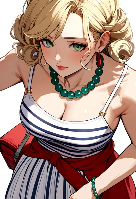 40 year old woman, curly blonde hair to waist, green eyes, blue and white striped spaghetti strap dress, white earrings, red bag, jade bracelet, red bead necklace