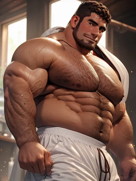 Male,Man,Solo, (Muscular body,Bulky body, chubby belly:1), (Brown hair, brown beard), (Spanish man:1.2, spanish face:1.2,Young man)imposing,wide shoulders,thick neck,musclegut,(Detailed body:1.4,Detailed face:1.4, awesome anatomy),Masterpiece,4k, Hyper-rea...