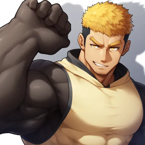 anime characters：Gyee, Muscle Sports Student, negro black skin, 1 muscular tough guy, Manliness, male focus, Light Yellow long sleeve tights, Very tight, The pectoral muscles are oversized, Slightly transparent, muscular male, muscular, only, Upper body, a...