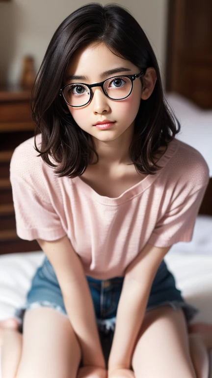 （8K、Hyper HD）On pink sheets、transparent bottom、Spread your legs、short hair, Black Hair, Curly Hair、View your viewers,high school girl,Leaning forward,(Random cute clothes),(Random Animation Pose),(Thin type),(Random hairstyle),(Best image quality, (8K), Ul...