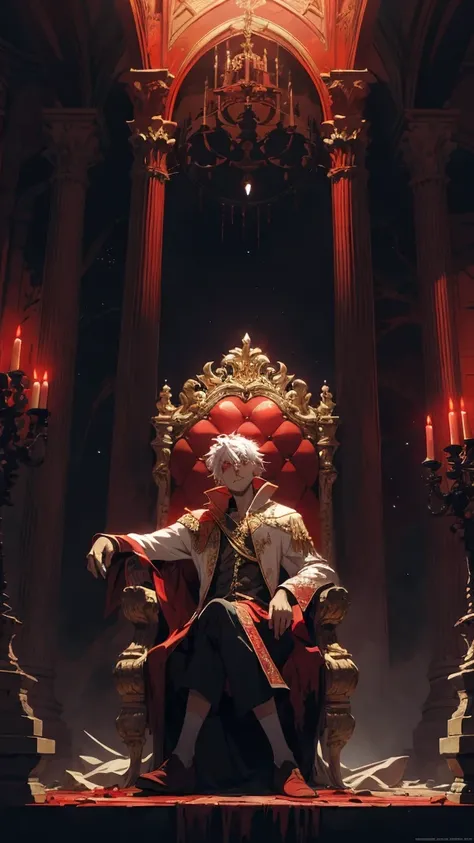 white haired, A red-eyed prince sits on a majestic throne inside an abandoned palace. The environment around it is dark and gloomy, with evil red eyes in the walls and cobwebs hanging there. The throne is richly decorated, with details of gold and precious...