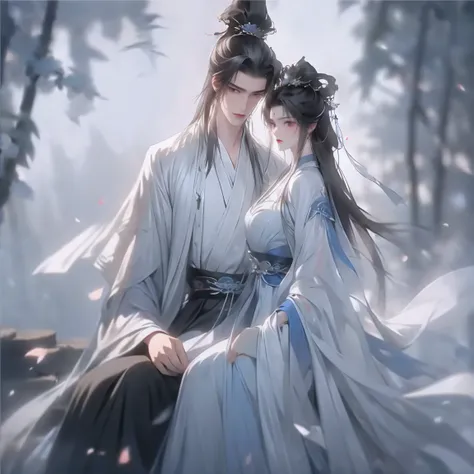 A handsome guy and a beautiful girl are leaning against each other，quiet and peaceful，faint smile，Chinese style clothing and accessories，black hair，perfect face，Chinese architecture