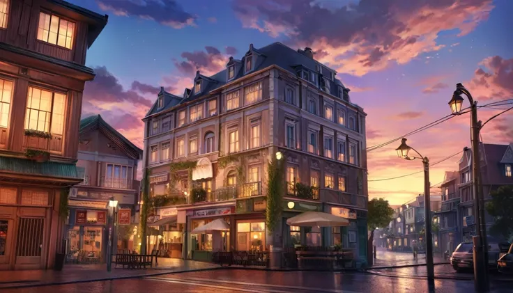 detailed anime style landscape of a peaceful urban setting at dusk, soft fluffy clouds in the sky, tranquil everyday scene, beautiful detailed architecture, street lamps, warm lighting, vibrant colors, (best quality,4k,8k,highres,masterpiece:1.2),ultra-det...