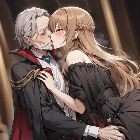 ((Highest quality)), ((masterpiece)), (detailed), （Perfect Face）、The woman is Yuuki Asuna, with medium-long brown hair, a gorgeous jeweled black dress and a vampire cloak, and is embracing and kissing the dignified old man Count Dracula.