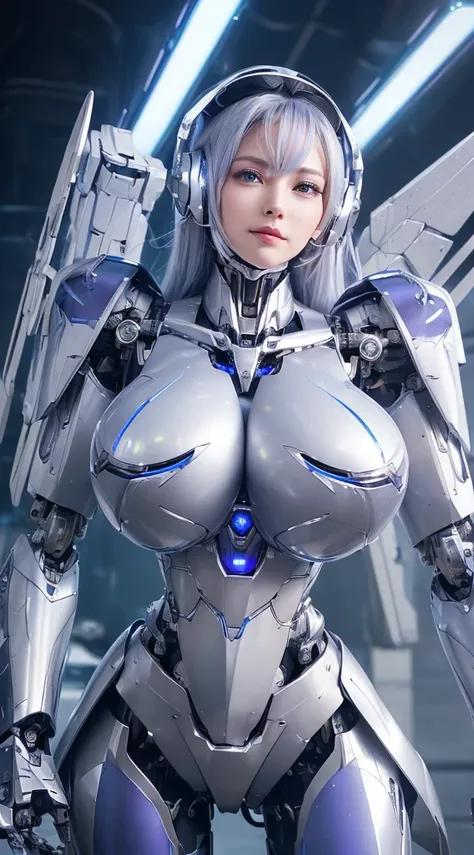 ((Intense action pose:1.6))、((Shining lenses on both breasts:1.3))、((Blue pillars of light are emanating from both chests.:1.3))、smile、((8K)), ((32k)), ((Highest quality)), ((masterpiece)), ((超A high resolution)), ((Tmasterpiece)), ((Halation:1.4))、((Mecha...