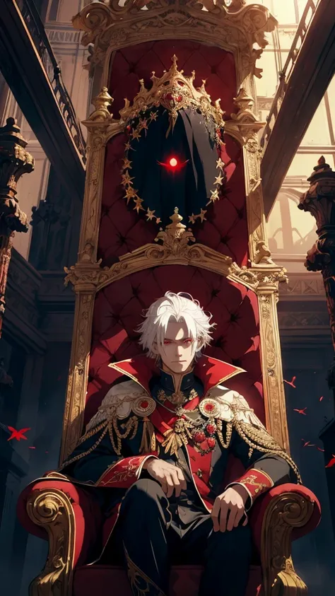 white haired, A red-eyed prince sits on a majestic throne inside an abandoned palace. The environment around it is dark and gloomy, with evil red eyes in the walls and cobwebs hanging there. The throne is richly decorated, with details of gold and precious...