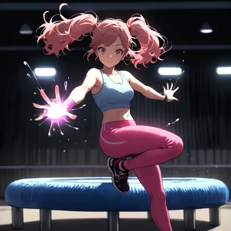 A female character in Tsukasa Hojo style, wearing a light blue sports bra and bright pink leggings, with a playful smile and her hair in pigtails. The character is bouncing on a trampoline, showcasing her energy and youthfulness.