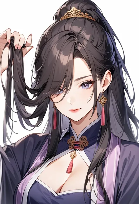 A royal sister is lifting her hair，Mature and beautiful，Black long hair，Chinese style，Hanfu，Showing cleavage，Extremely detailed，high resolution，Simple background