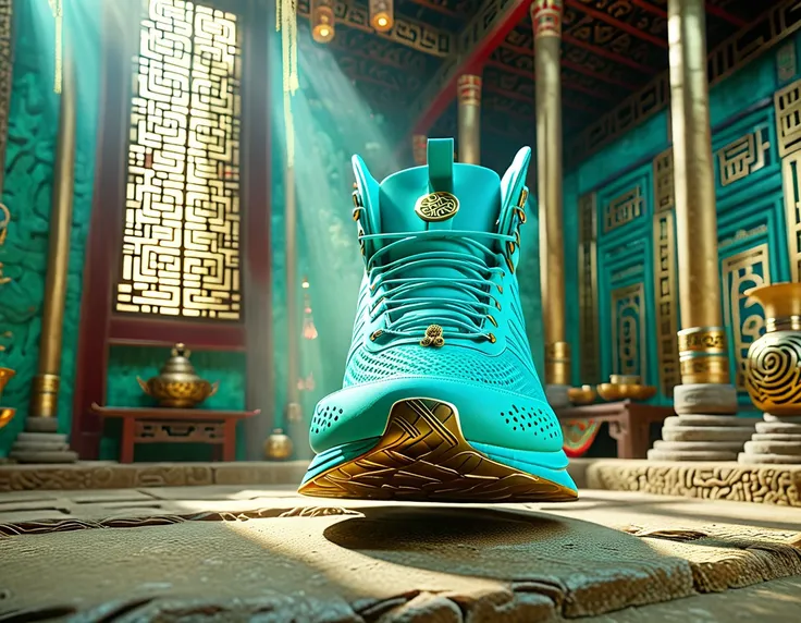 A turquoise lightweight running shoe, suspended on a cultural relic, high definition, 8K,A beautiful photo of a Sanxingdui cultural relic, captured with the essence of time, studio lighting, and post-processing in 8K resolution. The use of Unreal Engine 5 ...