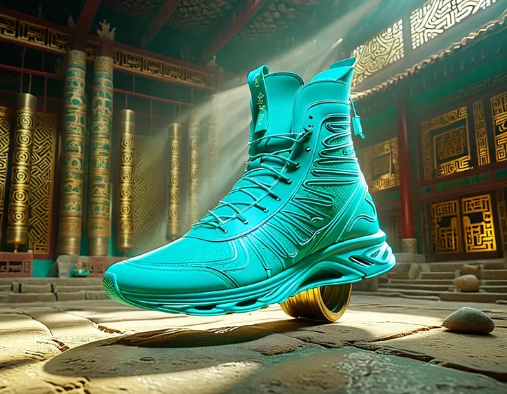 A turquoise lightweight running shoe, suspended on a cultural relic, high definition, 8K,A beautiful photo of a Sanxingdui cultural relic, captured with the essence of time, studio lighting, and post-processing in 8K resolution. The use of Unreal Engine 5 ...