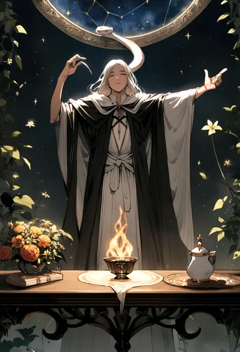 A magician stands with one arm stretched upwards towards the Universe, and the other pointing down to the earth. The Magician’s robe is white, and his cloak is red. On a table in front of him are a cup, pentacle, sword and wand. Above his head is the infin...