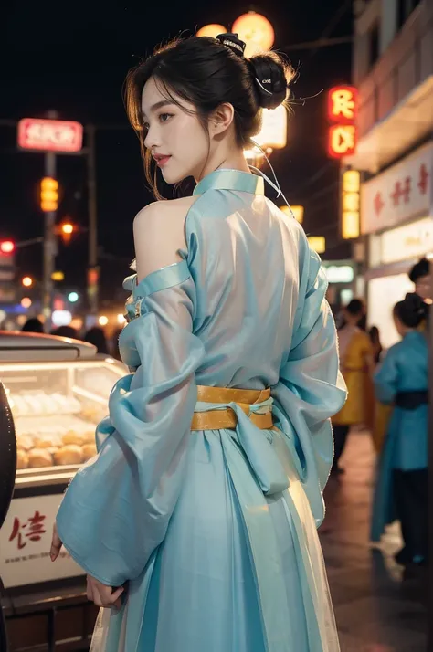 (((best quality))),(((ultra detailed))),(((masterpiece))),illustration,1girl,bun hair,(see through gauze hanbok:1.3),collar,slim,laughing, summer night,Korean city scape, street, neon signs, beautiful, vibrant, detailed facial features,medium hair, eleganc...