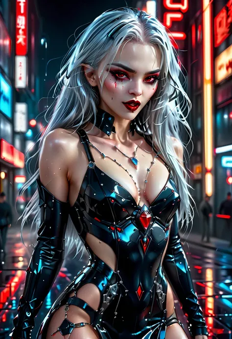 ((a photorealistic glamour shot of an exquisite, glamour mecha female vampire: 1.5)), ((full body: 1.3)), ultra feminine, pale face, silver hair, long vibrant shiny hair, glamorous hair,  red eyes, miniatures mechanical , deep penetrating eyes, red lips, l...