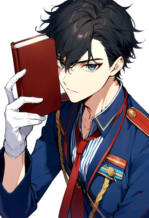 1male, looks like teen, 6,1 tall, military uniform, blue uniform ,dark blue blazer, red tie, holding a book, Messy Black Hair with white stripes, using hand gloves