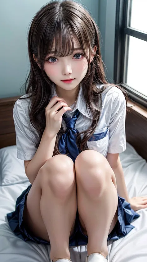 (Best quality, 8k, 32k, Masterpiece, UHD,:1.2),RAW, 1girl,ultra cute , natural lighting,transparent shining eyes, 20yo,medium breast ,fair complexion ,flushed face,dynamic Lighting, ((school uniform)), crawling position on their hands and knees, closing le...