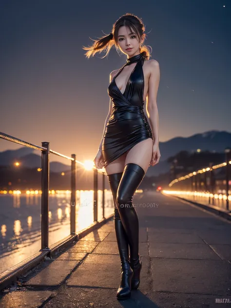 23 years old, big breasts, winter, european cityscape, night, outdoors, wearing a black dress,(full body:2), ((8k, RAW photo, highest quality, debris flies:1.2), (reality, reality的な:1.4), (Highly detailed 8k wallpaper), soft light, Details beauty eye, Shin...