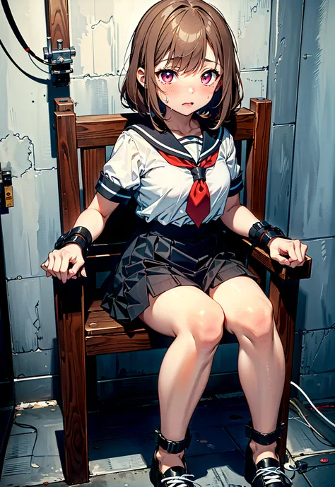 1 girl, (blushing, terrified, crying), tied to a chair, straped to chair, (short sleeve, mini-skirt, sailor uniform), (inside ba...