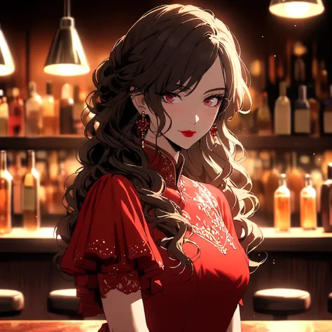 A female character in Tsukasa Hojo style, wearing a red dress and long black curly hair.  She wears elegant earrings and has bright red lipstick. She is standing at a bar counter with a mysterious smile. 