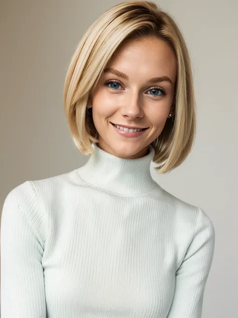 photo of a skinny blonde teen submissive wife, bob style hair, She wears: (turtleneck high ribbed bright white tight sweater:1.1), submissive seductive pose, high tight ribbed neck, seductive smile, perfect fake tits, turtleneck top