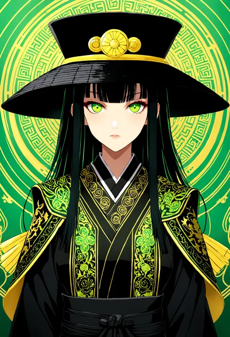 1 gatora, neon green eyes, long black hair with bangs, black samurai hat, green aurea around the body 