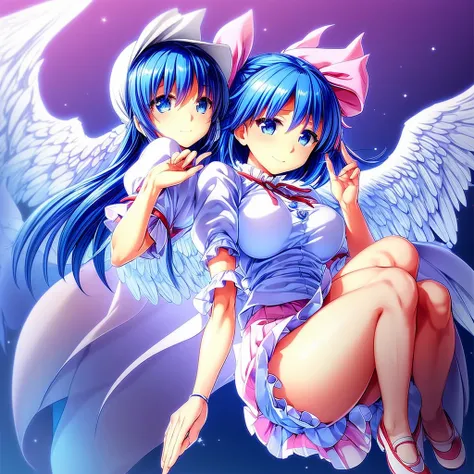 masterpiece, best quality, 1girl, , , 10 years old, medium blue hair, hair flaps, pink ribbon on head, well-formed face, blue eyes, angel girl, white blouse, puffy short sleeves, red ribbon, angel wings, long white skirt, red shoes, frills, big breasts