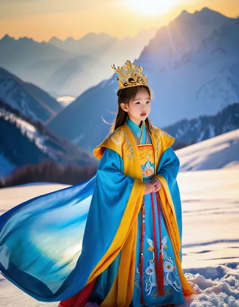 Surreal photography, a beautiful 8-year-old Chinese girl, full body, standing on the Alps, in the vast snow, wearing gorgeous Chinese clothes, blue clothes embroidered with phoenix, wearing a phoenix crown, holding a sceptic, golden sunshine shining on the...