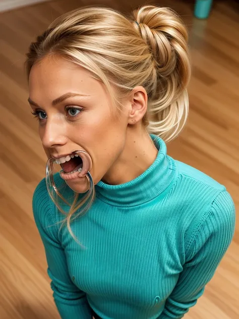 photo of a skinny blonde teen submissive wife messy long hair thrown into a messy bun ponytail. She wears: (turtleneck high ribbed turquoise tight sweater:1.1), submissive seductive pose, high tight ribbed neck, mouth retractor gag,