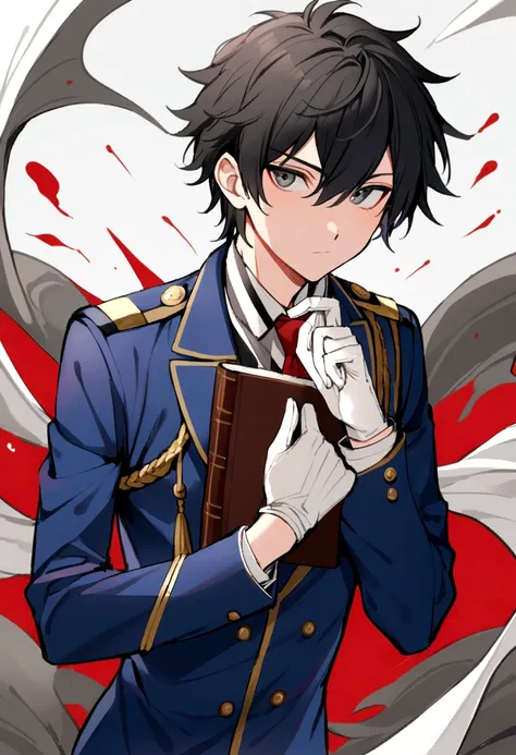 1male, looks like teen, 6,1 tall, military uniform, blue uniform ,dark blue blazer, red tie, holding a book, Messy Black Hair with white stripes, using hand gloves, gray eyes