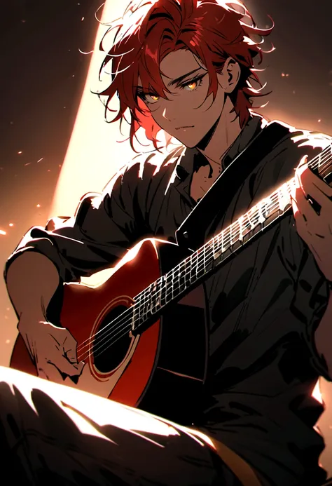 A handsome red haired man,with beautiful golden eyes with long eyelashes, messy hair, playing the guitar while sitting 