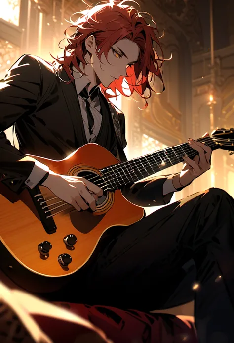 A handsome red haired man,with beautiful golden eyes with long eyelashes, messy hair, playing the guitar while sitting 