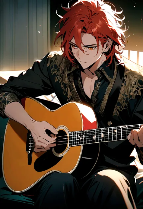 A handsome red haired man,with beautiful golden eyes with long eyelashes, messy hair, playing the guitar while sitting 