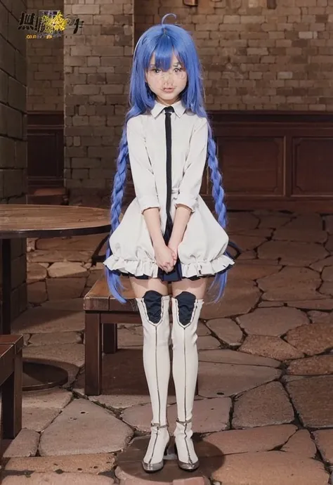 blue hair girl,white dress,white stocking, cute