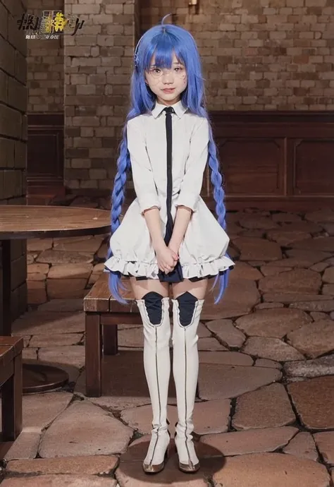 blue hair girl,white dress,white stocking, cute