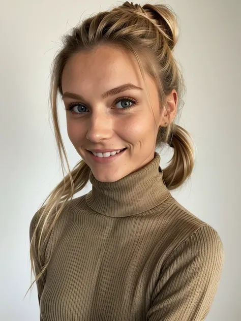 photo of a skinny blonde teen submissive wife messy long hair thrown into a messy bun ponytail. She wears: (turtleneck high ribbed bright tight brown sweater:1.1), submissive seductive pose, high tight ribbed neck, seductive smile, perfect fake tits, turtl...