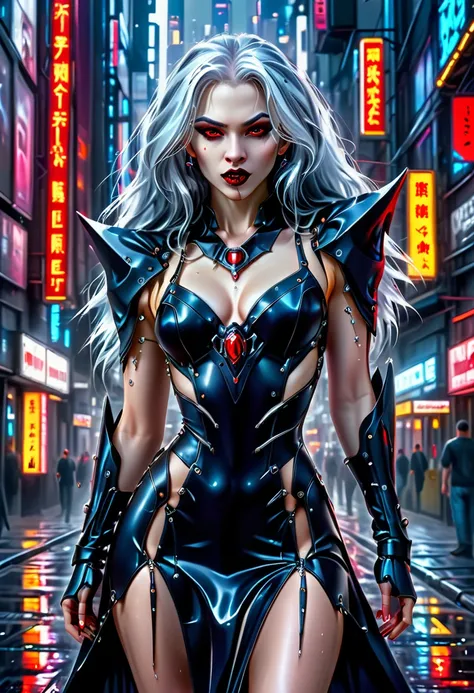 ((a photorealistic glamour shot of an exquisite, glamour mecha female vampire standing in a cyberpunk street: 1.5)), ((full body: 1.5)), ultra feminine, pale face, silver hair, long vibrant shiny hair, glamorous hair,  red eyes, miniatures mechanical , dee...