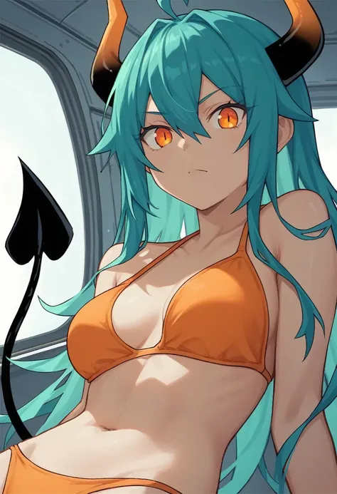 score_9, score_8_up, score_7_up,1 daemon woman,black  demon horns, black demon tail, (aquamarine hair),aquamarine green color hair,ahoge, long hair, (long hair),bangs, light orange bikini,bikini is orange, bikini orange, orange bikini!, (orange eyes), back...