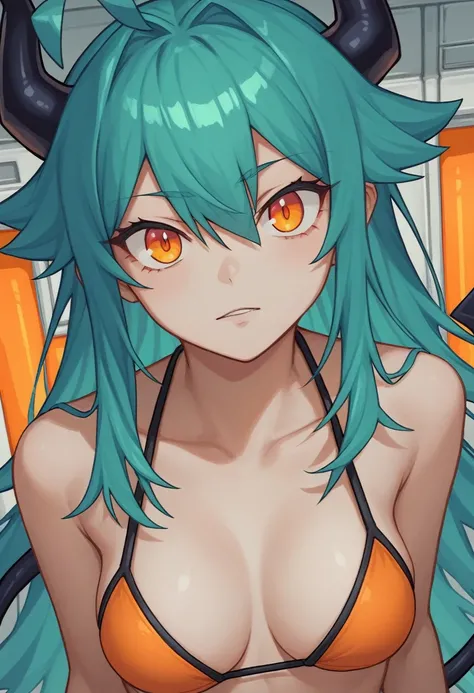 score_9, score_8_up, score_7_up,1 daemon woman,black  demon horns, black demon tail, (aquamarine hair),aquamarine green color hair,ahoge, long hair, (long hair),bangs, light orange bikini,bikini is orange, bikini orange, orange bikini!, (orange eyes), back...